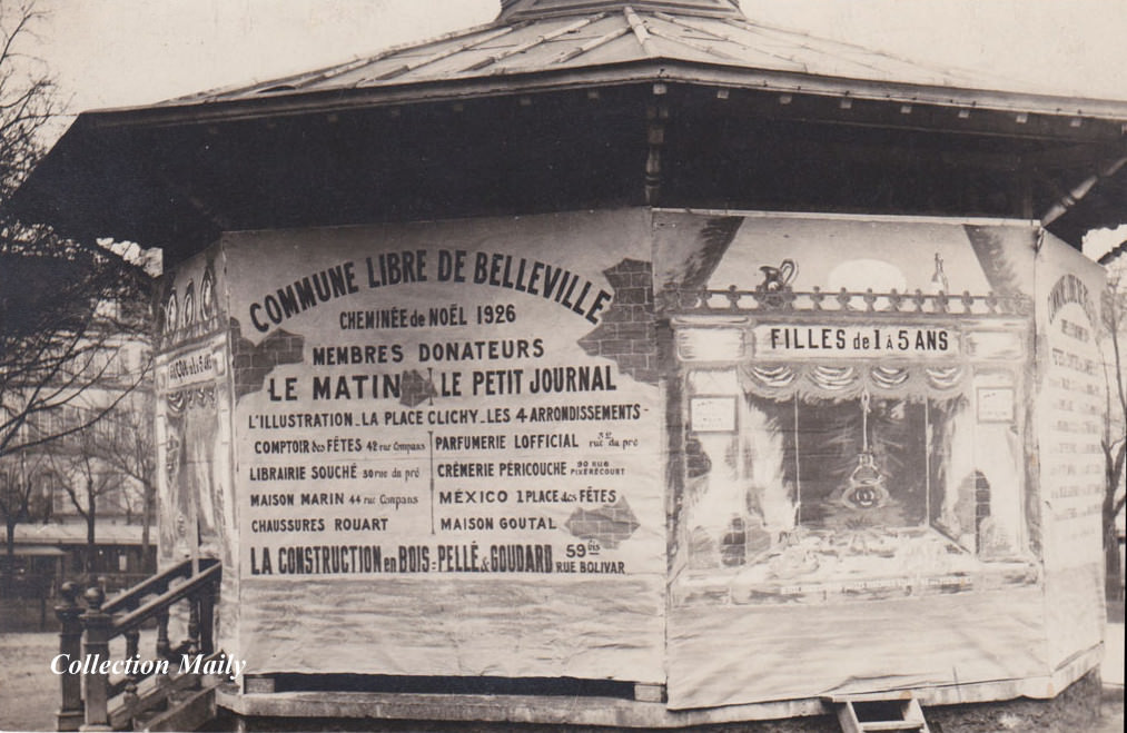 Paris - Place des Fêtes - Le kiosque à musique - Commune libre de Belleville - Publicités des donateurs en 1926